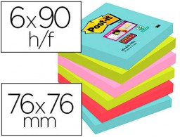 6 blocs de 90 de notas adhesivas quita y pon Post-it Super Sticky 76x76mm. colores surtidos